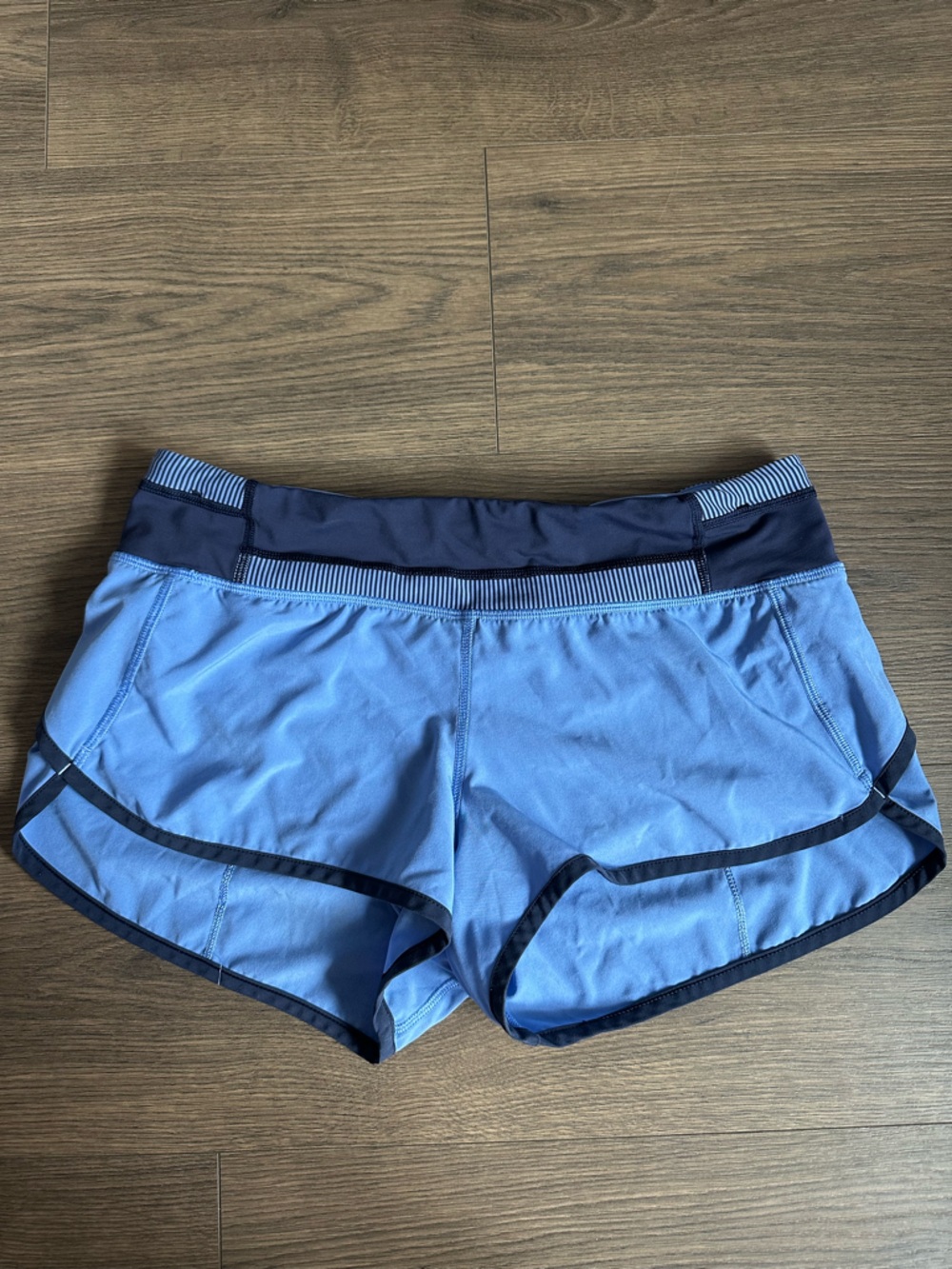 lululemon athletica light blue shorts with navy trim